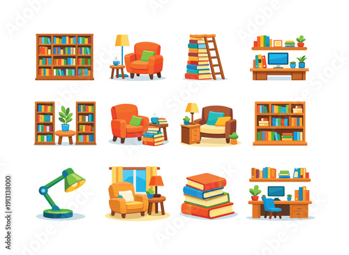    Home library. Colorful flat vector icons set of home library: full bookshelf wall, cozy reading chair, ladder on books, home study shelf,