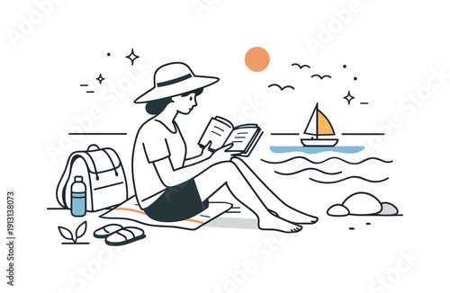 Slow travel lifestyle. A solo reader enjoys a book by the sea, disconnected from routine and digital noise. Presence, simplicity, and freedom