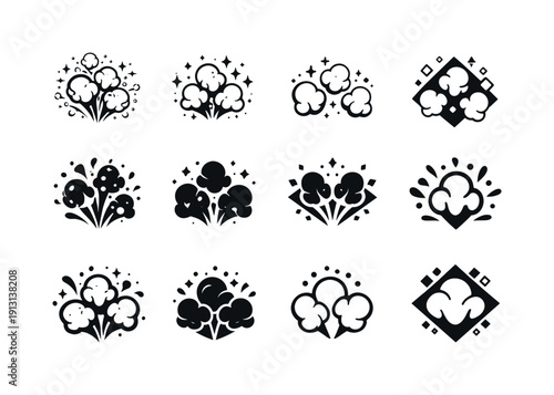    popcorn with sugar. Icon set. Set Logo of popcorn with sugar: popping kernels with sugar dust. harmonious logo variations of the same