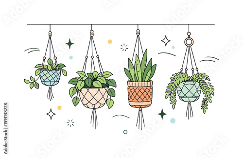 Airy Greenery Design. Hanging greenery concept. Multiple plants in macrame holders suspended from a ceiling, abstract decorative lines and stars floating