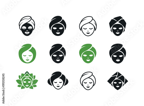    spa wellness. Icon set. Set Logo of spa wellness: tranquil face mask. harmonious logo variations of the same emblematic concept, each with