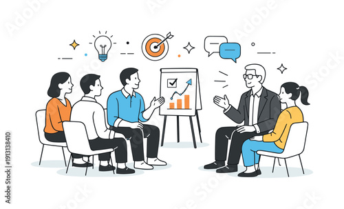 Leadership training session. A professional seated among peers, exchanging ideas and listening to a mentor figure. The illustration conveys