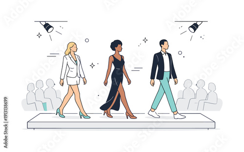 Fashion runway show. Models walking along a clean minimalist catwalk with confident posture and smooth movement. Calm elegance, spotlight