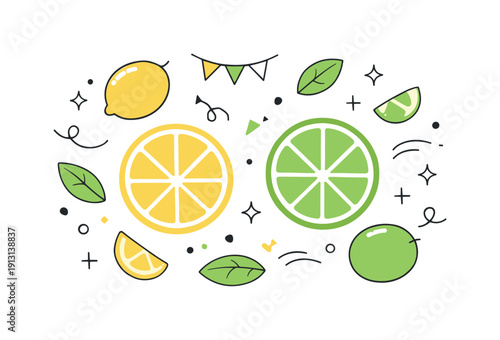 Lemon and lime-themed party decorations. Abstract citrus shapes and leaves floating in a balanced festive composition. A light visual