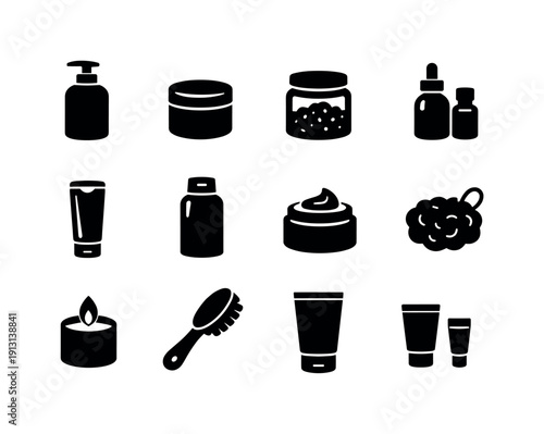    Bathroom shelf. Solid icon set of self-care items: lotion bottle, face mask jar, bath salts, essential oils, hair conditioner, shampoo