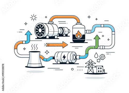    Power plant schematics. An abstract schematic composition with turbines, pipes, and arrows floating in balance, representing controlled