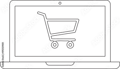 Illustration of a laptop displaying a shopping cart icon, symbolizing online shopping and e-commerce