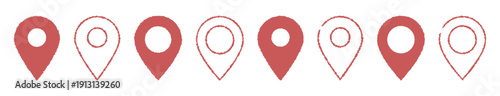 かわいい手書きのマップのピンのアイコン　赤　 pin point. pin location icons.