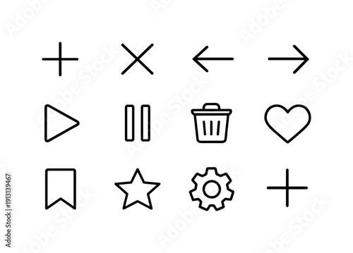 Mobile UI buttons. Line icon set of Mobile UI buttons: add button, close button, back button, next arrow, play button, pause icon, trash
