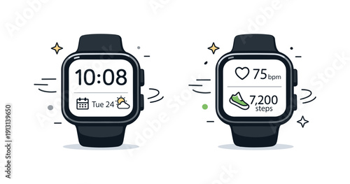 Smartwatch minimal interface. Editorial scene of a smartwatch with a simple, uncluttered display showing time or basic health data, abstract