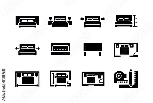    Headboard placement. Solid icon set of headboard placement: headboard against wall, centered headboard, headboard alignment, headboard height