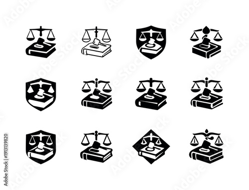 Closing the court session. Icon set. Set Logo of closing the court session: closed law book symbol. harmonious logo variations of the same