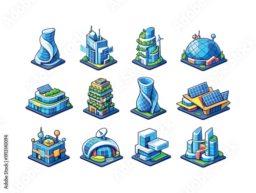 Futuristic architecture. Colorful isometric vector icons set of Futuristic architecture: curvy skyscraper, smart building, eco-tower, tech