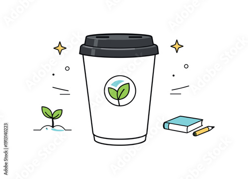 Reusable coffee cup with logo. A clean product-focused scene showing a reusable takeaway cup with a simple logo centered on it. Calm everyday