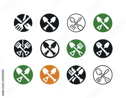    Rake and shovel. Icon set. Set Logo of rake and shovel: garden tool emblem circle. harmonious logo variations of the same emblematic concept,