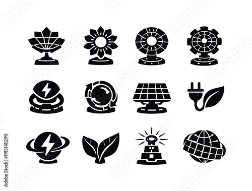 Futuristic Solar Flower. Solid icon set of Futuristic Solar Flower: solar flower, geometric petals, sun core, high tech panel, rotating