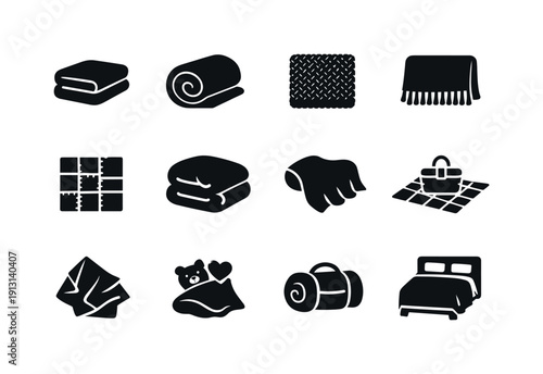    Blanket. Solid icon set of blanket: folded blanket, rolled blanket, knitted blanket, fringe blanket, patchwork quilt, thick winter blanket,