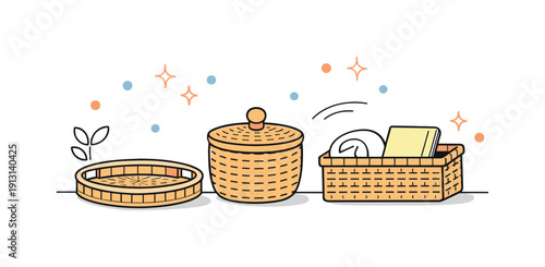    Rattan decor objects. A calm interior still life with simple rattan items like a tray and basket placed neatly on a surface, conveying