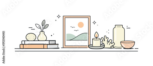 Neutral shelf decor. Soft-toned minimal items
