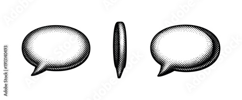 Black and white sticker object of a speech bubble shape with empty center area shown from front view, side view, and three-quarter view as a
