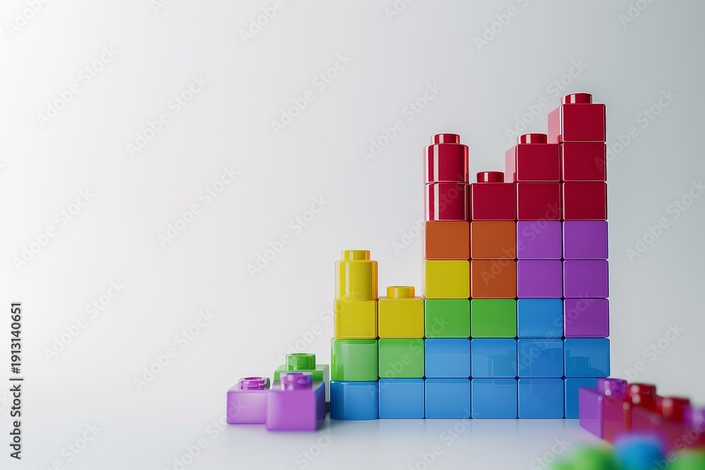 Fototapeta premium Colorful block graph with upward trend on white background, 3D cartoon style minimalistic illustration