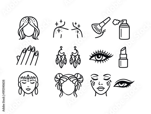    Party and Festival Glam. Line icon set of Party and Festival Glam: glitter hair roots, sparkle shoulders, glow highlighter, shimmer body