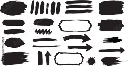 A collection of various black brush strokes and arrows in different shapes and sizes on a plain background from a straightforward viewpoint