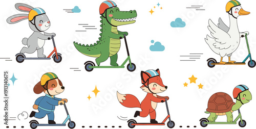 Cute animals riding scooters with helmets and motion lines cartoon set isolated