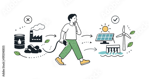 Renewable Energy Shift. Clean energy transition. A character switching from fossil fuel icons to renewable energy symbols, thoughtful action and positive