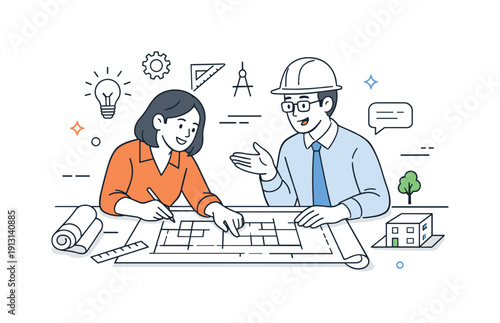 Architectural blueprints collaboration. Two professionals discussing blueprints, exchanging ideas and pointing at plans on the table. The