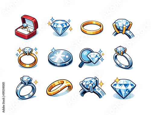 Engagement Ring Icons. Engagement Ring Close-Up. Colorful isometric vector icons set of Engagement Ring Close-Up: proposal ring, diamond centerpiece, slim