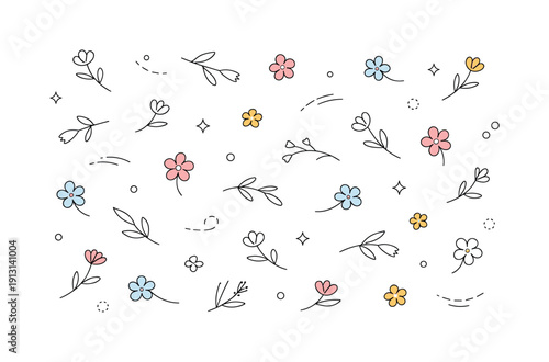 Meadow-inspired floral background. Small wild blooms and grasses gently floating across the layout. Soft romantic mood without heavy detail,