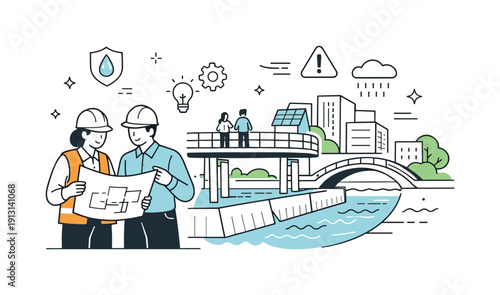 Flood-resistant urban design. Engineers review plans near raised walkways and water channels protecting the city from floods. Focused