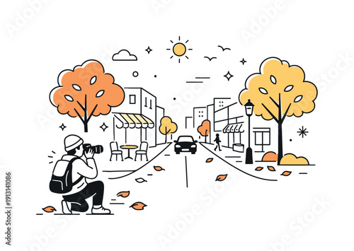 City travel in autumn. A photographer capturing an urban street lined with autumn trees, fallen leaves and warm light. Urban exploration,