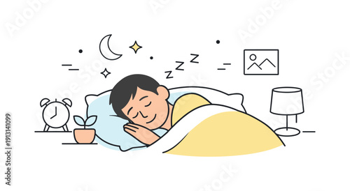 Calm Bedtime Scene. Preparing for bedtime. A quiet bedroom scene with a person closing their eyes, head resting on a pillow, signaling the transition to sleep.
