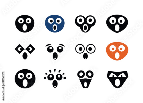 Surprised Expression Icons. Facial expressions. Icon set. Set Logo of facial expressions: surprised face with wide eyes. harmonious logo variations of the same