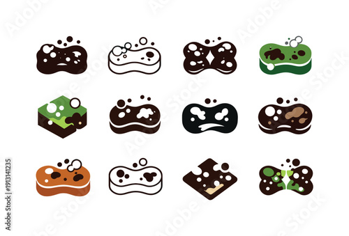 Dirty. Icon set. Set Logo of Dirty: stained sponge. harmonious logo variations of the same emblematic concept, each with different artistic