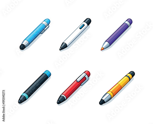    Touchscreen stylus. Isometric flat vector icons set of touchscreen stylus: capacitive stylus pen, active digital stylus, fine-tip stylus pen,