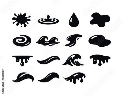    Liquid Forms. Solid icon set of Liquid Forms: splash shape, ripple curve, droplet, abstract blob, soft swirl, wave motion, bending flow,