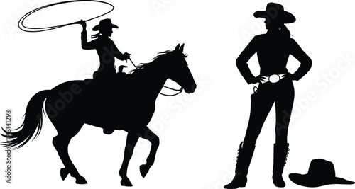 Black and white cowgirl silhouettes set featuring a woman riding a horse with a lasso and a female ranger standing isolated on white background.