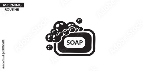 Morning routine icon, flat black and white, soap bar with bubbles, minimal vector, silhouette, isolated, simple design