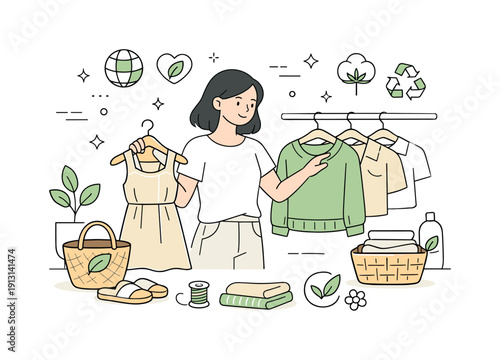 Eco-Friendly Fashion Choice. Eco-friendly clothing concept. Person choosing garments made from natural fibers, soft colors and organic shapes around. Focus on