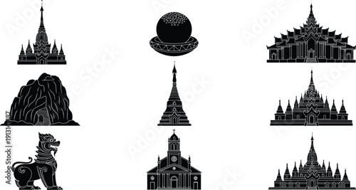 Myanmar landmark silhouette set, famous pagoda temple architecture and cultural monuments vector illustration collection