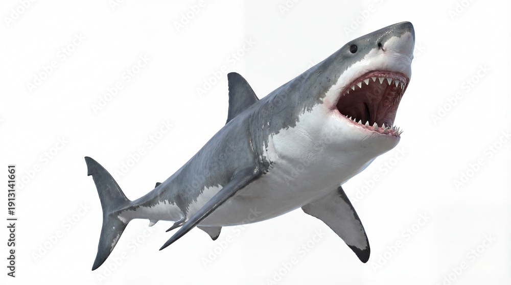Fototapeta premium Great white shark with open mouth showing teeth on white background.