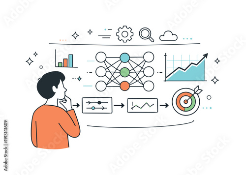 AI algorithm illustration. A character observes a holographic interface of neural networks and data flows, subtle floating stars and lines