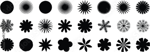 Black and white vector silhouette set featuring geometric starburst shapes, decorative flower icons, and intricate snowflake designs isolated on a clean white background.