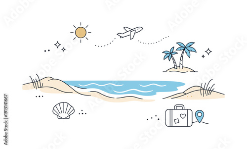 Beach and travel background. Soft waves, sand dunes, and minimal sun icons arranged with generous spacing. Calm and relaxing editorial