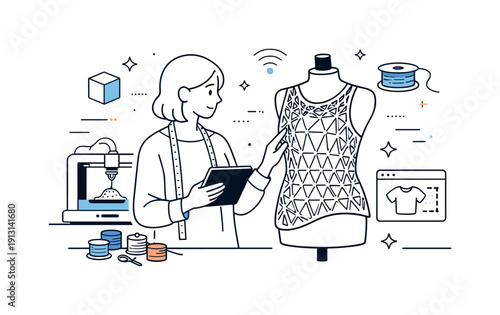 3D printing for fashion design. A fashion designer reviews a 3D-printed garment piece on a mannequin, combining technology and creativity.