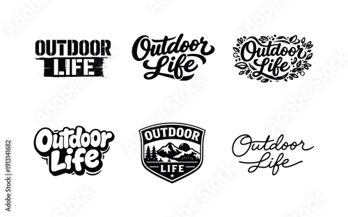    Outdoor Life. Set lettering. harmonious lettering variations of the same emblematic concept, each with different artistic interpretation