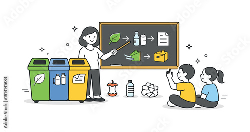 Classroom waste sorting. A recycling bin with clear symbols standing near a chalkboard, students learning how to separate waste correctly.